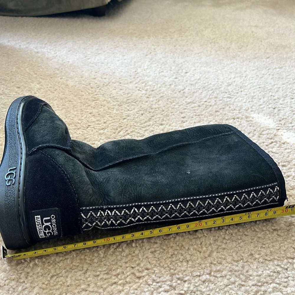 Vtg Original UGG Australia Boots Black Suede Shearling Embroidered Stitching